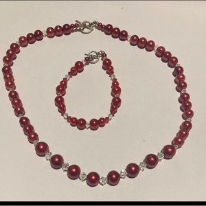 Red and white Pearl beaded necklace and bracelet